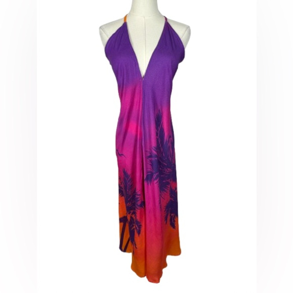 Bianca Halter Maxi Dress in Purple-Pink-Orange with Palm Print Size S